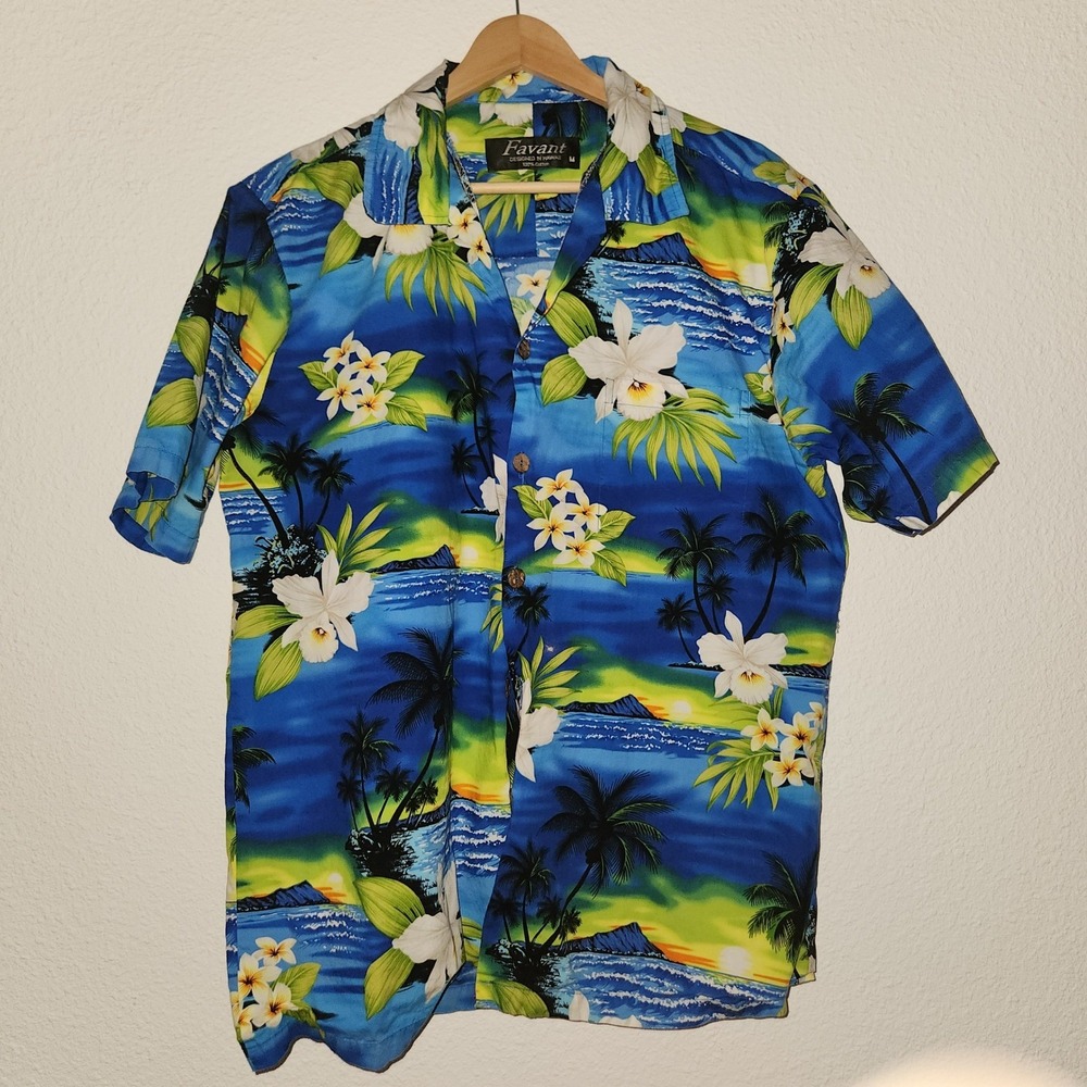 Favant Hawaiian Aloha Shirt Men's Medium Tropical Beach Palm Tree‎ Floral